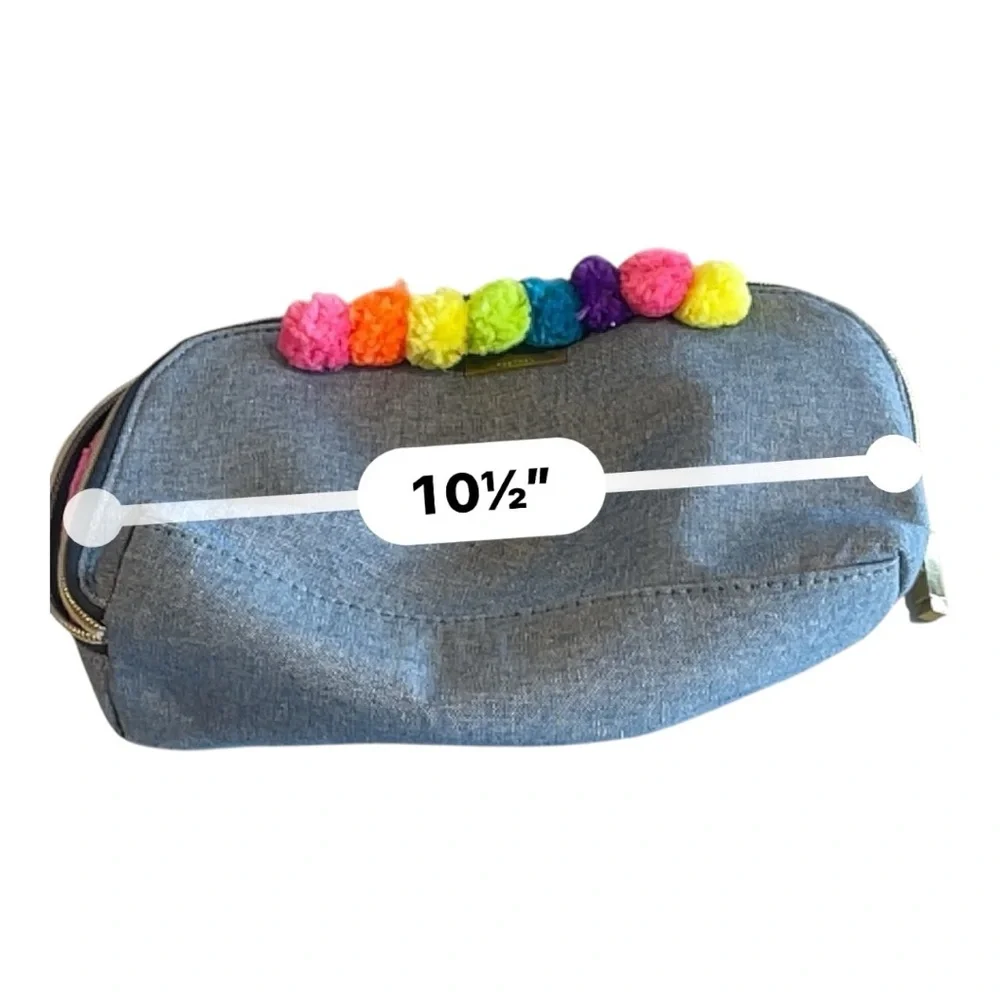 Kestrel Denim Cosmetic Bag Rainbow Pom Pom Makeup Pouch Travel Case - Picture 8 of 9